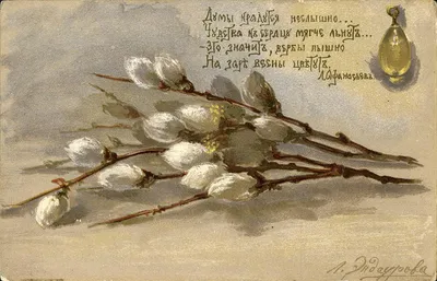 Милая открытка на Вербное воскресенье с птичкой у гнезда