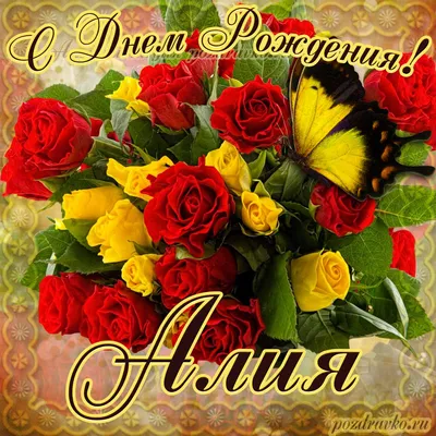 Картинка на День Рождения Алие с букетом желтых и красных роз — скачать  бесплатно