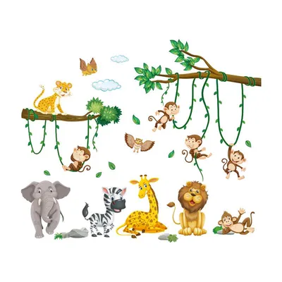 Купить Наклейки на стену с лесными животными, детские наклейки для детской  комнаты, комната для мальчиков, мультяшный жираф, обезьяна, слон, зебра,  деревья, виниловая фреска | Joom