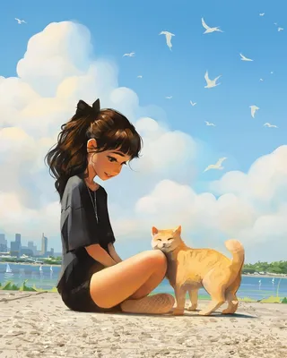 Девушка с котом арт - 57 фото