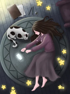 Иллюстрация Девушка и большой чёрный кот | Illustrators.ru