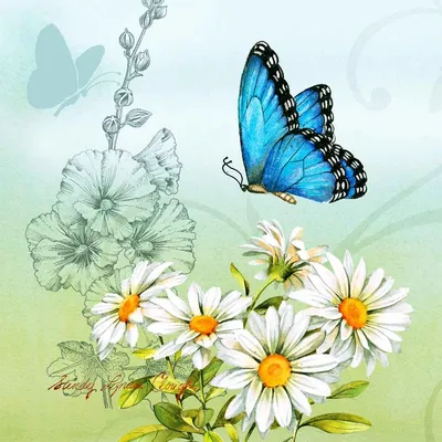 Декупажная салфетка \"Цветы и бабочки, крем. фон\", 33*33см