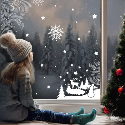 Новогодние наклейки на окна двусторонние, на стену для декора, для детей,  подарки на новый год 2024 , 36*23 Узоры на окнах блестки белые купить по  выгодной цене в интернет-магазине OZON (743830919)