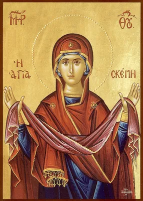 Рукописная икона Покрова Божией Матери с поясным изображением