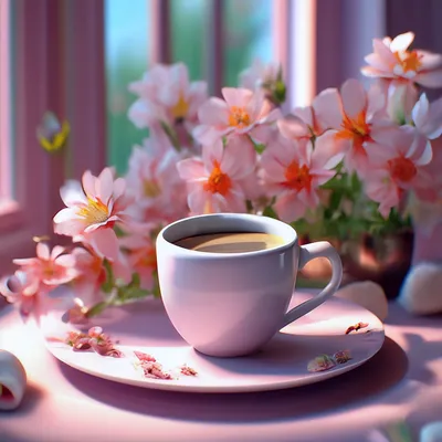 Открытка с добрым утром \"Цветы и кофе\"