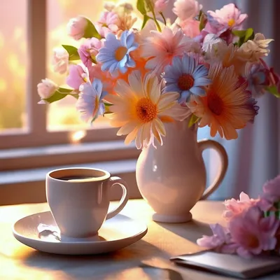 Кофе с цветами и добрым утром заметок Стоковое Фото - изображение  насчитывающей кафа, сообщение: 214887320