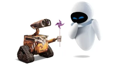 Обои на рабочий стол Wall-E / Валли из одноименного мультфильма дарит  подарок Eva / Еве, обои для рабочего стола, скачать обои, обои бесплатно