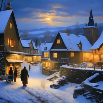 Зимний вечер в деревне | Обои