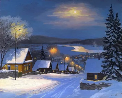 Зимний вечер в деревне / В деревне зимой и в мороз уже с заходом солнца  замирает жизнь