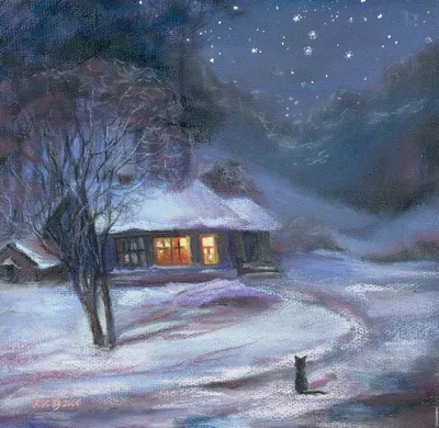 Сказочный и снежний зимний вечер в деревне - обои на рабочий стол