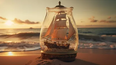 Корабль в стеклянной бутылке на фоне заката - Красота - Бесплатные обои на рабочий  стол | Нейронный Арт | Дзен