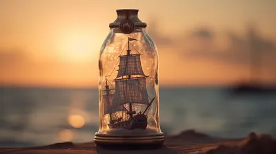 Корабль в стеклянной бутылке на фоне заката - Красота - Бесплатные обои на рабочий  стол | Нейронный Арт | Дзен