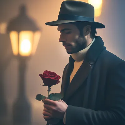Красивый мужчина в шляпе с розой …» — создано в Шедевруме
