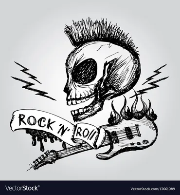 Punk rock n roll elements collection. Vector hard rock doodle  illustrations, signs, objects, symbols. Cartoon rock star icon for music  band, concert, party. Isolated on white background Векторный объект Stock |  Adobe