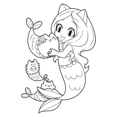 Раскраска Девочка русалка и её кот распечатать или скачать