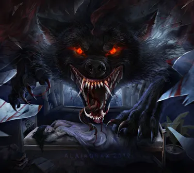 Обои на рабочий стол Страшный волк с красными глазами над спящей девушкой,  by Alaiaorax, обои для рабочего стола, скачать обои, обои бесплатно