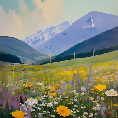 Цветочный луг горы пейзаж картина» — создано в Шедевруме