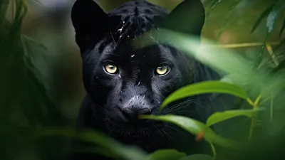 Черная пантера. Взгляд животного. Зеленый размытый фон. 4K HD. Черная пантера. Обои | HD-обои | ID № 115111